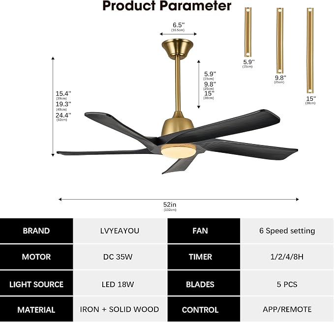52 Inch DC Ceiling Fan with Light, 5 Solid Wood Blades, Remote and APP Control, 3-color Dimmable, 6-speed Reversible, Noiseless Ceiling Fan for Bedroom, Living Room, Black Gold