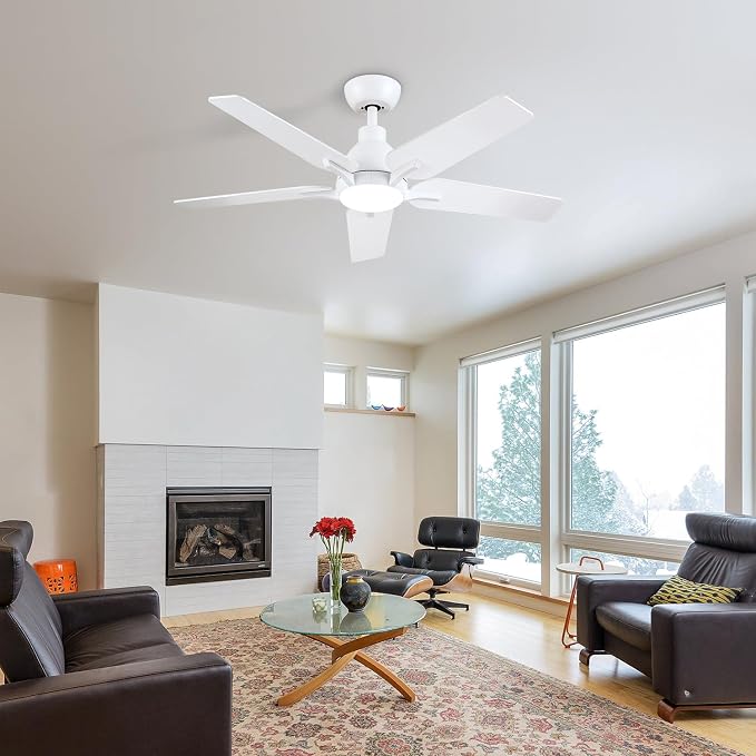 42 Inch Ceiling Fans with Lights and Remote, White Ceiling Fan, 5 Blade Modern Ceiling Fan for Bedroom, Living Room, Dining Room, Patio, Dimmable 6 Speeds DC Quiet