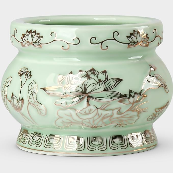 Qinlang Small Green Ceramic Buddhist Incense Burner Bowl, Buddha Incense Holder for Stick - 4 Inches