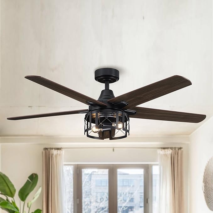 52 Inch Industrial Farmhouse Ceiling Fans with Lights and Remote Control, Quiet Reversible Motor & 5 Dual-Finish Blades, Indoor/Outdoor Ceiling Fan for Living Room Bedroom