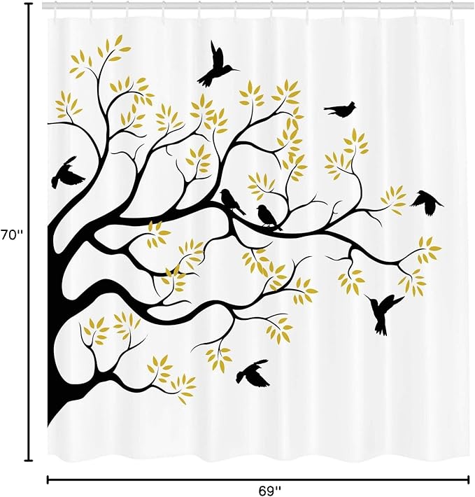 Ambesonne Birds Shower Curtain, Flying and Sitting Birds on The Tree Branch Flowers Weed Nature Peace Theme, Cloth Fabric Bathroom Decor Set with Hooks, 69" W x 70" L, White Yellow