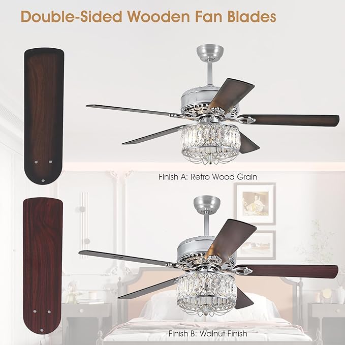 Kviflon Farmhouse Crystal Ceiling Fans with Lights and Remote, 52 Inch Chandelier Ceiling Fans, Chrome Fandelier Ceiling Fan for Bedroom Living Room, Quiet DC Motor, Reversible, Bulb not Included