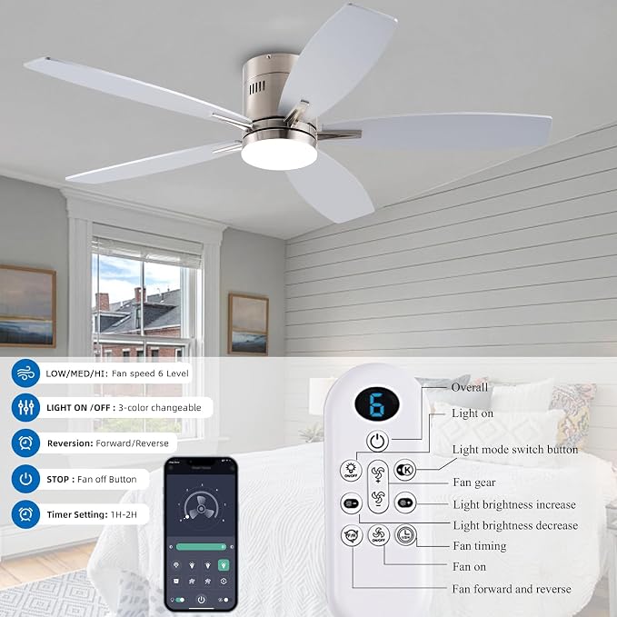KNUN 51 inch Ceiling Fan with Light and Remote/App Control, Flush Mount Low Profile, Reversible DC Motor, Nickel Modern Ceiling Fan with Light, Dimmable,Noiseless,for Bedroom Living Room