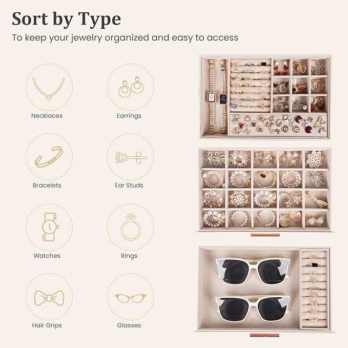 Dajasan Jewelry Box Organizer, 3-Tier Jewelry Storage Organizer with 2 Drawers, Large Jewelry Boxes for Women, PU Leather Surface with Texture, Gift Idea, Modern Style (Beige)