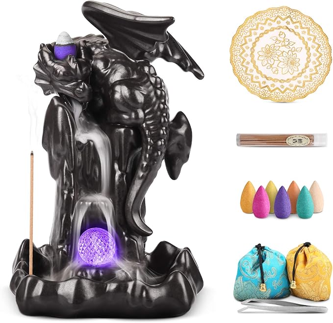 Dragon Backflow Incense Holder Waterfall Incense Burner, Smoke Incense Holder,with 70 Backflow Incense Cones+50 Incense Stick,1 Mat,1 Tweezers Ornament Home Decor（Black Brown）