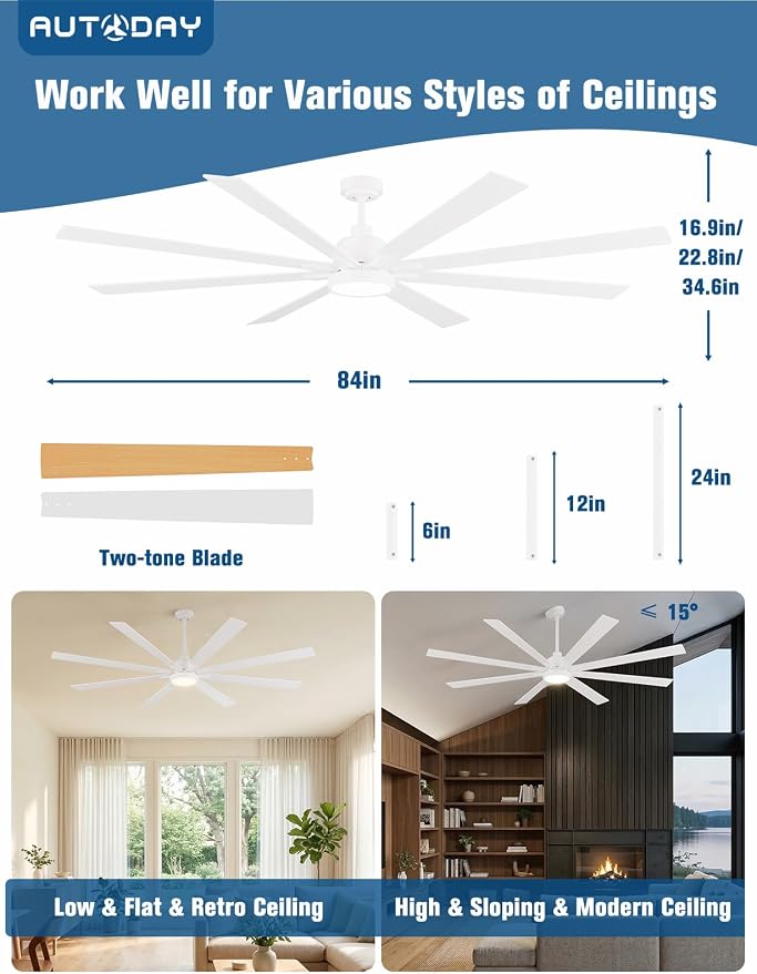 84 Inch Ceiling Fans with Lights and Remote - Wood/Brushed Nickel Ceiling Fan, Quiet DC Motor, 3 CCT, Modern Dimmable LED Lighting & Large Ceiling Fans for Living Room Patio, Indoor/Outdoor