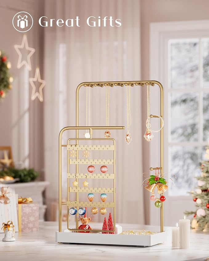 ProCase Jewelry Stand Holder Organizer and Storage, Gold (No-Assembly) | Rotating Earring Bracelet Holder Storage, Hanging Jewelry Display Velvet Ring Tray, Teen Girls Birthday Gifts Room Dorm Decor