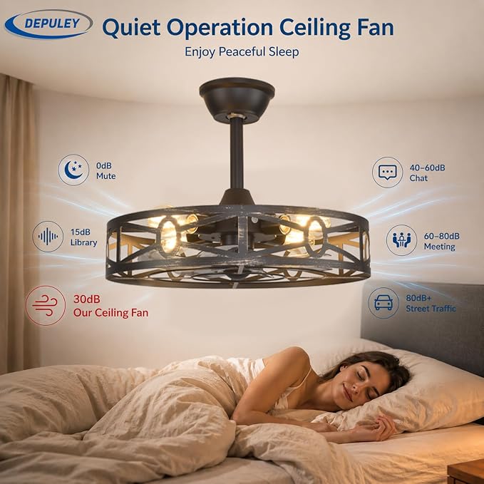 Depuley Caged Ceiling Fans with Light: 20-Inch Bronze Metal Enclosed Farmhouse Fandelier for Kitchen Bedroom - Industrial Semi Flush Mount Ceiling Fan with Remote 6 Speeds Reversible Motor Timer