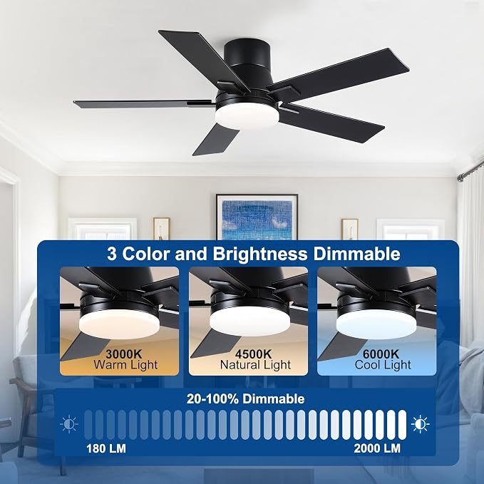 Rayqueen 42 Inch Flush Mount Black Ceiling Fans with Lights and Remote | 6 Speed Reversible DC motor,3-color temperature dimmable LED.For indoor/covered outdoor.Modern style for bedroom room