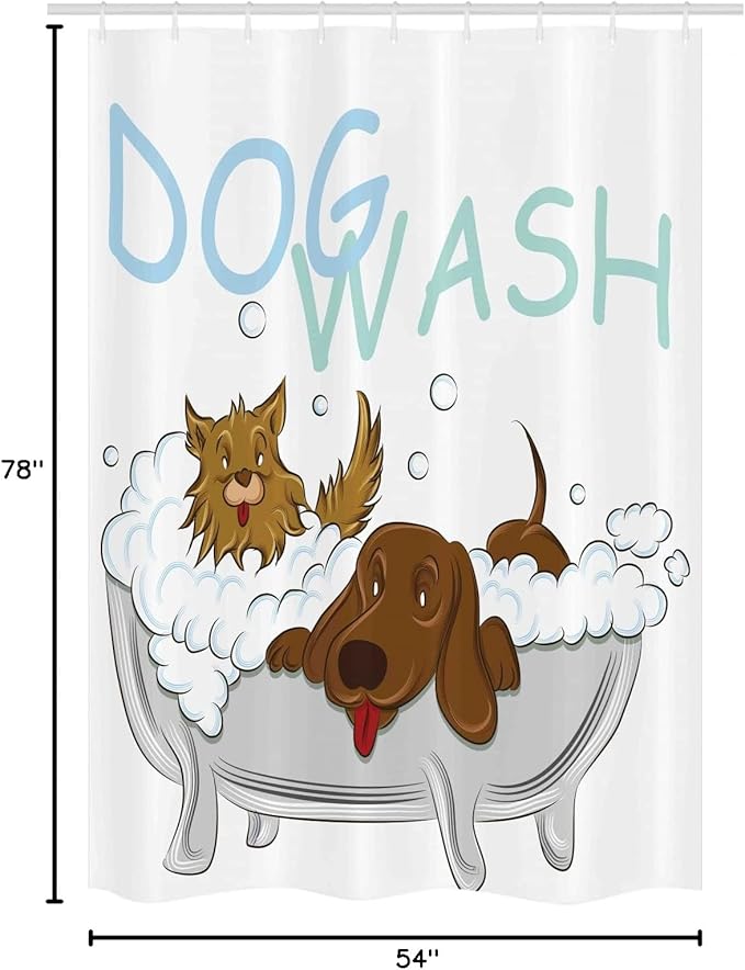 Ambesonne Cartoon Stall Shower Curtain, Playful Dogs in a Bathtub Grooming Each Other Pets Theme Illustration, Fabric Bathroom Decor Set with Hooks, 54" W x 78" L, Brown White