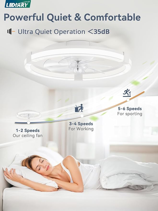 LEDIARY Ceiling Fans with Lights, 20 Inch Low Profile Ceiling Fan with Remote, 6 Speeds, Reversible, Dimmable Flush Mount Fan Light, Modern Fandelier Ceiling Fan with Lights for Bedroom, White