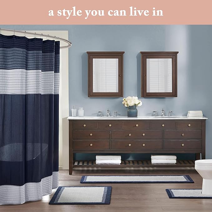 Madison Park Amherst Bathroom Shower Curtain Faux Silk Pieced Striped Modern Microfiber Bath Curtains, 72x84 Inches, Coral