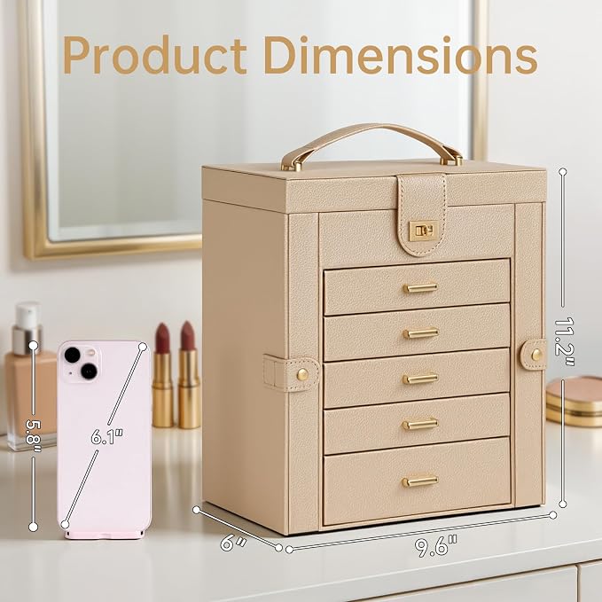 AKOZLIN 6-Tier Jewelry Box Organizer Functional 5 Drawers Leather Jewelry Storage Case for Women Girls Ring Necklace Earring Bracelet Holder Organizer with Mirror Medium Champagne