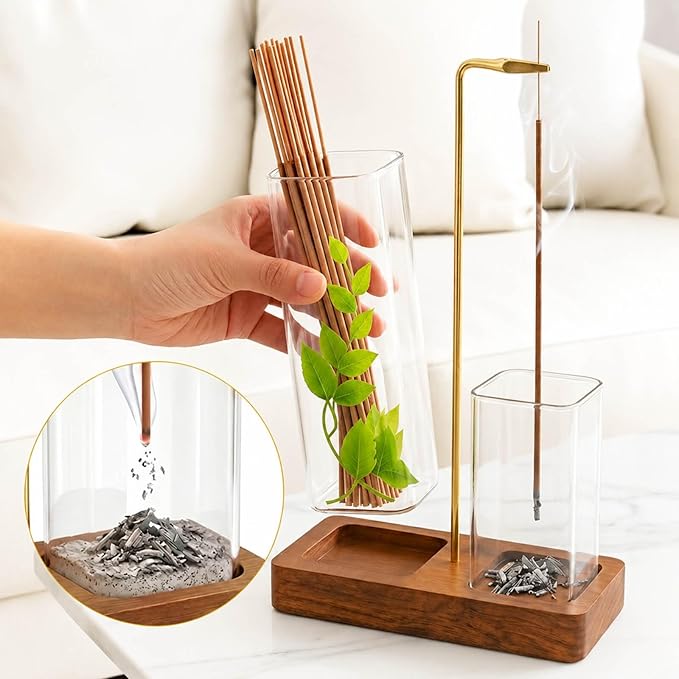 2 in 1 Upside Down Incense Holder for Sticks, Wooden Glass Incense Burner with Square Ash Catcher & Storage, Anti-Ash Flying Vertical Insence Holder Set with Brush for Yoga Spa Meditation Decor