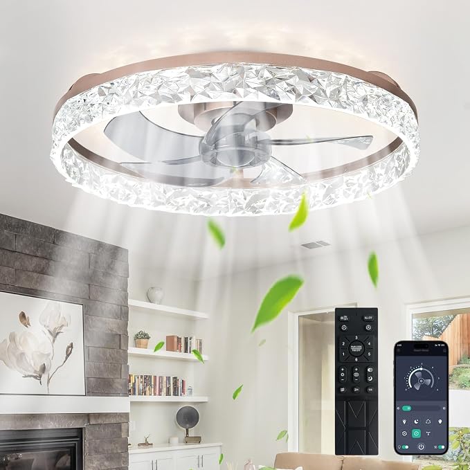 Depuley Bedroom Ceiling Fans with Lights: 20" Modern Low Profile Flush Mount Bladeless Ceiling Fan with App Remote Control - Brown Fandelier for Living Room Kitchen Dimmable Quiet DC Motor