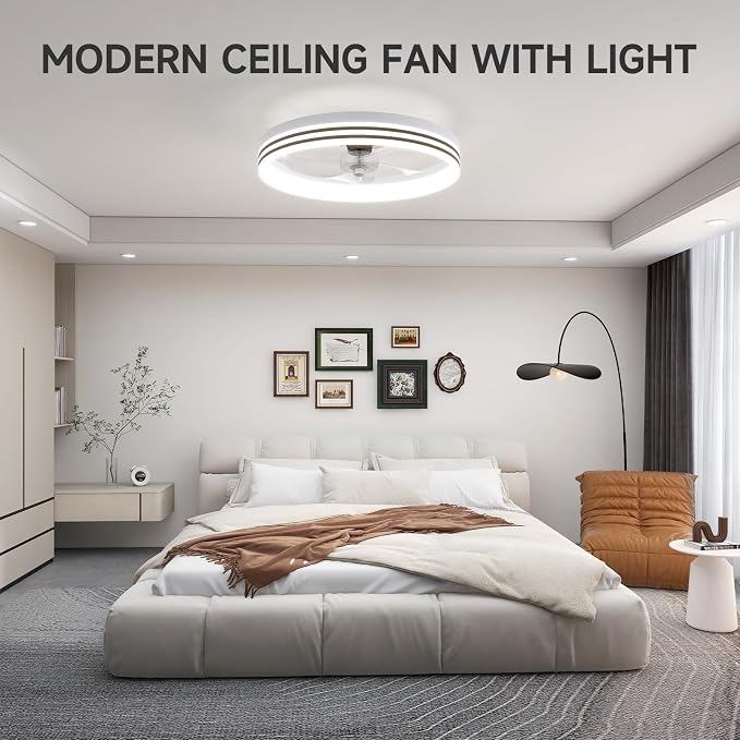 VOLISUN Low Profile Ceiling Fans with Lights and Remote, No Assembly, 19.7in Flush Mount Ceiling Fan with Light, 3000K-6500K Dimmable Fandelier LED Fan Light, White Bladeless Ceiling Fans for Bedroom