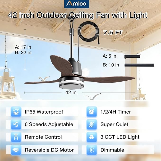 Amico 42 Inch Outdoor Ceiling Fans with Lights for Patios, IP65 Waterproof Gazebo Fan Remote Control, 3000-6000K, 6 Speeds, Hook Hanging Plug in Ceiling Fan for Patio Porch Pergola Garage Canopy