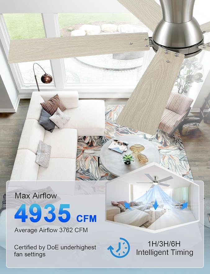 52 Inch Ceiling Fans with Lights and Remote, Brushed Nickel Flush Mount Low Profile Ceiling Fan for Bedroom, Patio, Reversible DC Motor, 6-Speed Quiet LED Dimmable, ETL Listed