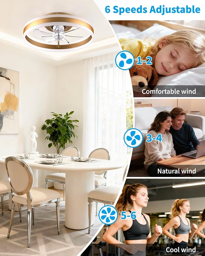 RGB Ceiling Fan with Lights, low profile ceiling fans with lights and remote, Flush Mount LED Fan Light, Modern Bladeless Fandelier for Bedroom Works with APP, 16IN Gold