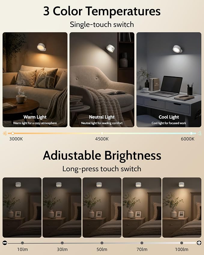 LED Wall Mounted Lights, Rechargeable Wall Sconces, 3 Color Temps, Remote & Touch, 360° Rotating and Dimmable for Bedroom, Bedside & Reading (White, 1 Pack)