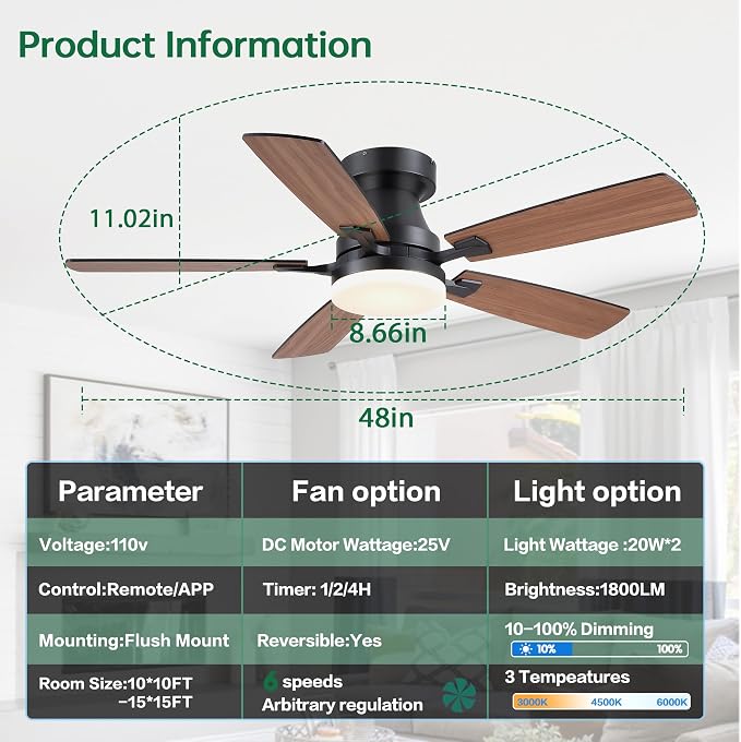 Ceiling Fans with Lights, 48 Inch Ceiling Fan with Light And Remote/APP,Low Profile Ceiling Fan with Light,DC Reversible,6 Speed Noiseless LED Ceiling Fan,Brown Small Ceiling Fan for Bedroom