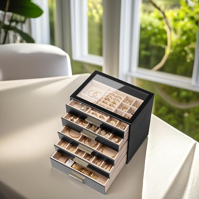VLANDO 5-Drawer Jewelry Box with Glass Lid, Faux Leather Organizer for Rings Earrings Necklaces and More, Gift-Ready Jewelry Case for Women Girls or Moms, Black