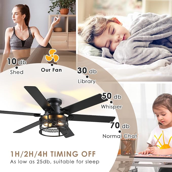 Hounberi 52" Farmhouse Ceiling Fans with Lights and Remote, Industrial Black Flush Mount Ceiling Fan with 6 Double-Sided Blades, 6 Speed Reversible Motor, Caged Rustic Ceiling Fans for Living Room