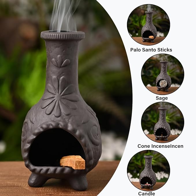 MOUGIGI Elegant Handmade Black Palo Santo Holder–Incense Cone & Stick Burner with Smudge Chimney for Sage, Aromatherapy, Yoga, Meditation and Home Decor | Unique Gift for Friends & Family