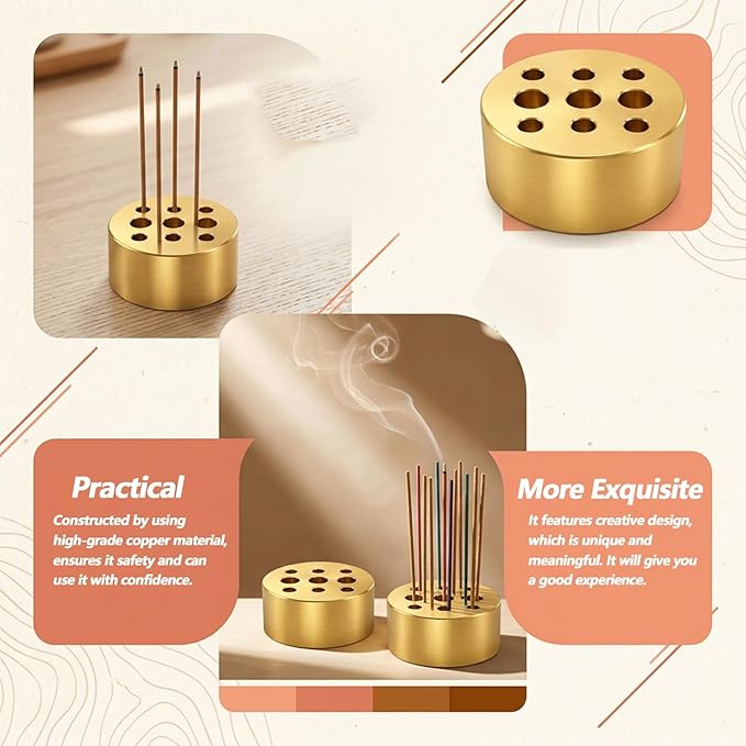 4 Pack Incense Cone Holders, Brass Incense Holder, Burner Stick Holder with 9 Holes, Incenses Stand Base for Yoga Spa Room Home Office(Gold)