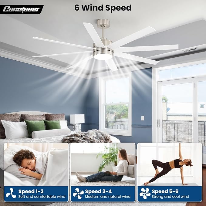 Conciseer 65 Inch Ceiling Fans with Lights and Remote for Bedroom Living Room Kitchen Office, Indoor/Outdoor Use, 3CCT Dimmable, 8 Blades 6 Speed Reversible Quiet DC Motor, Sand-nickel/White