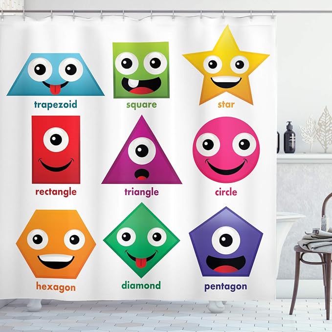 Ambesonne Science Shower Curtain, Geometric Shapes with Funny Faces Cartoon Soft Colors Art, Cloth Fabric Bathroom Decor Set with Hooks, 69" W x 70" L, Green and Purple