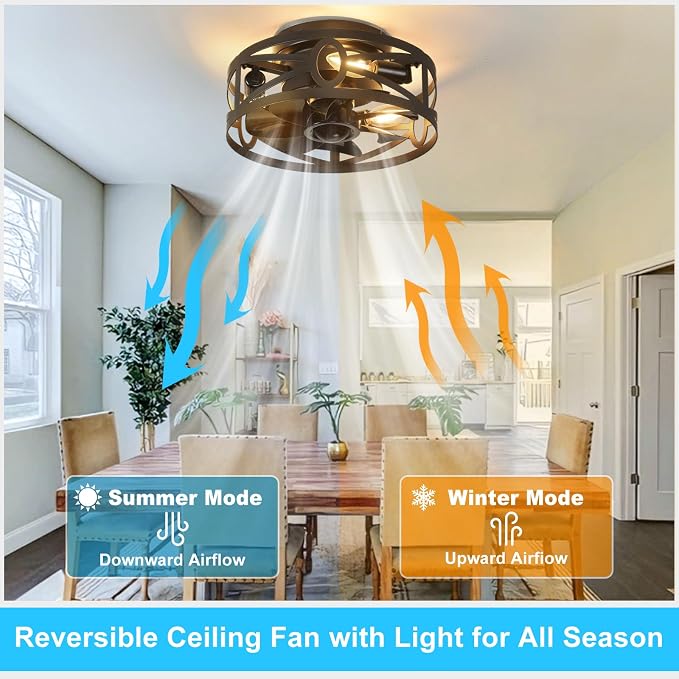 Depuley Flush Mount Ceiling Fan: 12" Caged Ceiling Fans with Remote Control for Patio Kitchen Bedroom - Low Profile Fandelier Lights Fixture Reversible 6 Speed Timer Black 3*E12 Bulb Not Included