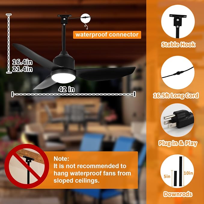 Depuley Outdoor Ceiling Fan with Light: 42 Inch Black Waterproof Gazebo Fans with Lights Outdoor Hanging - Plug in Remote App Control for Patios Indoor Farmhouse Porch - 6 Speed Reversible DC Motor