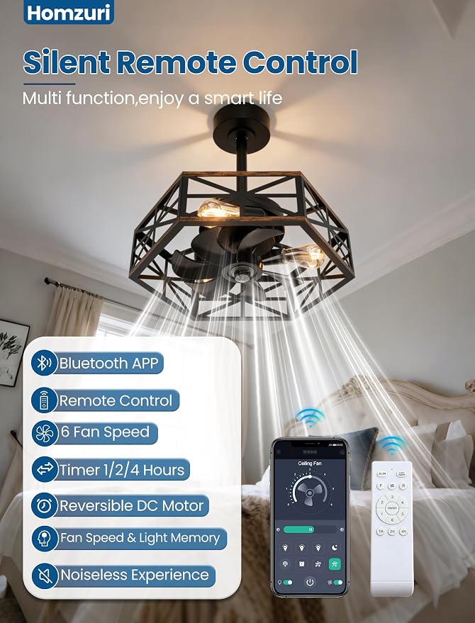 20" Caged Ceiling Fan with Light and Remote App Control, Rustic Hexagonal Downrod Mount Ceiling Fandelier Lights, 6 Speed and Reversible, Farmhouse Industrial Style for Bedroom, Kitchen