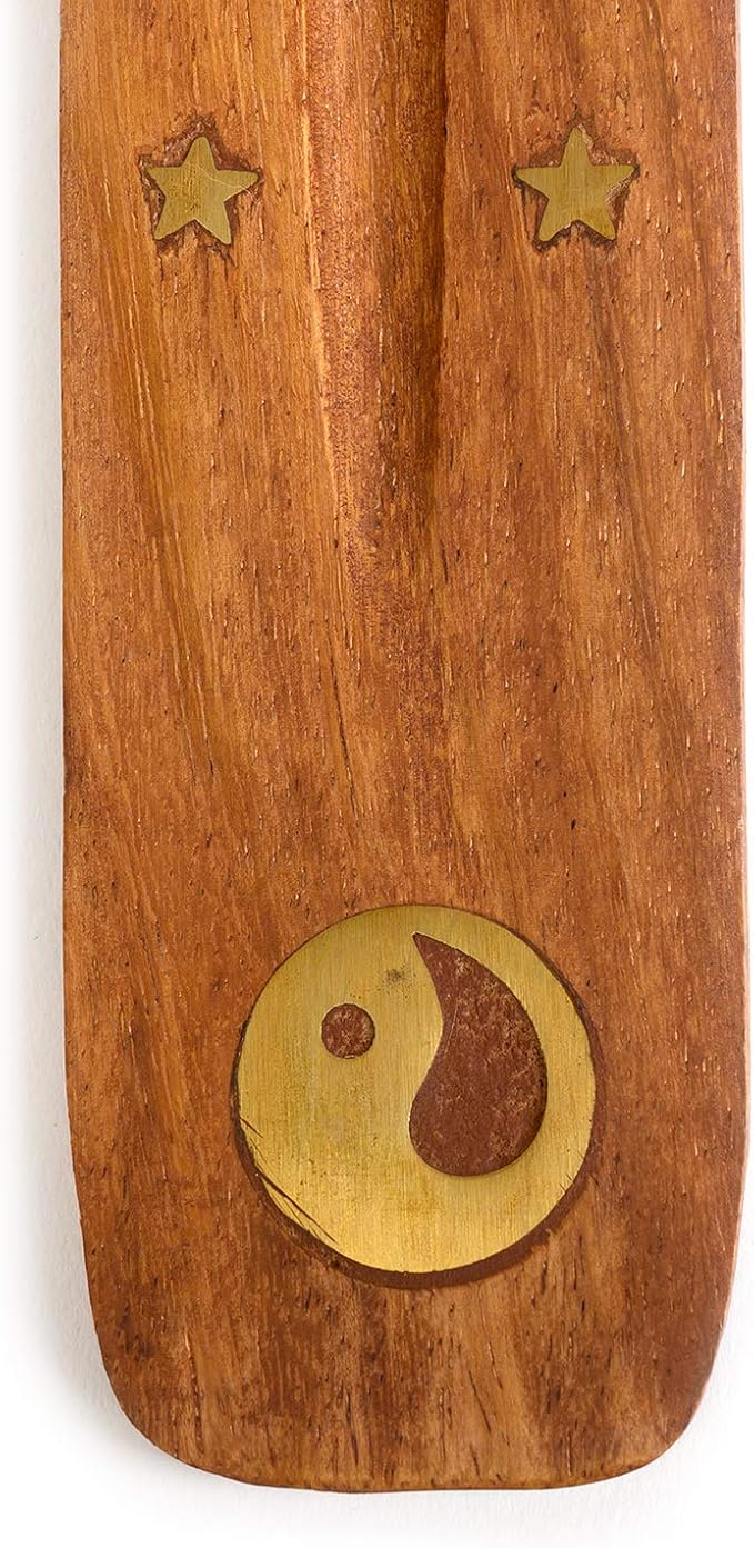 Wooden Incense Holder for Sticks with Inlays of Brass Ying YANG 10 inches Long