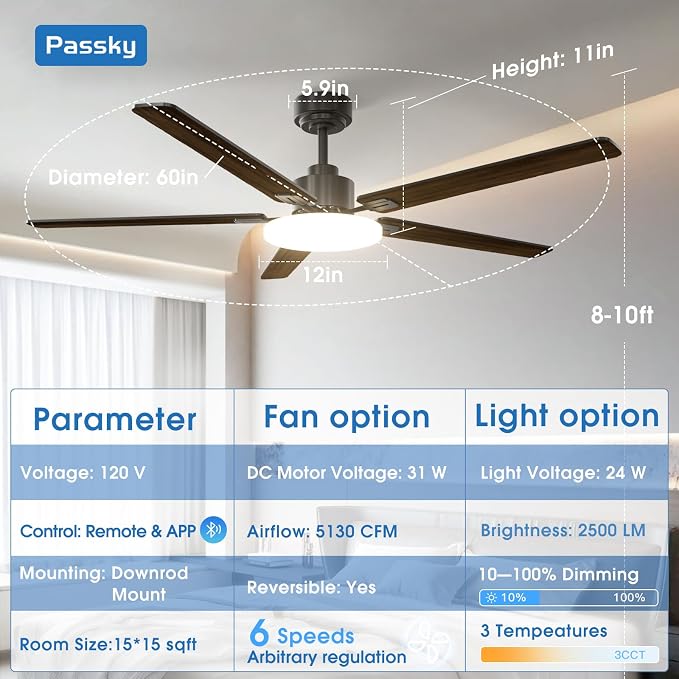 Passky Ceiling Fans with Lights, 60 inch Sleek Ceiling Fan with Light and Remote Control, 3CCT, Dimmable, Reversible, Noiseless, Black Ceiling Fan for Bedroom, Living Room