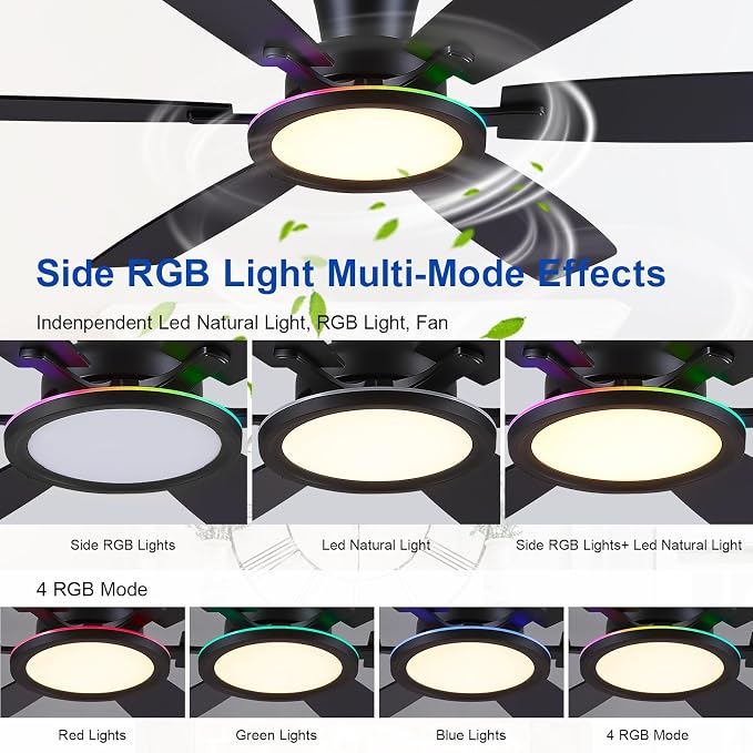 BYKISTOK 55in Black Flush Mount Ceiling Fan - RGB Low Profile Ceiling Fan Light with Remote-APP, Dimmable and 3CCT, Modern Fan with RGB Light for Indoor and Covered Outdoor
