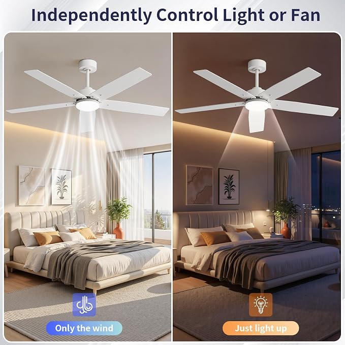 52 Inch Ceiling Fans with Lights and Remote for Bedroom Living Room Kitchen Home Office Indoor/Outdoor, 18W 3CCT Dimmable, Dual Color 5 Blades 6 Speed Reversible Quiet DC Motor, White/Wood Grain