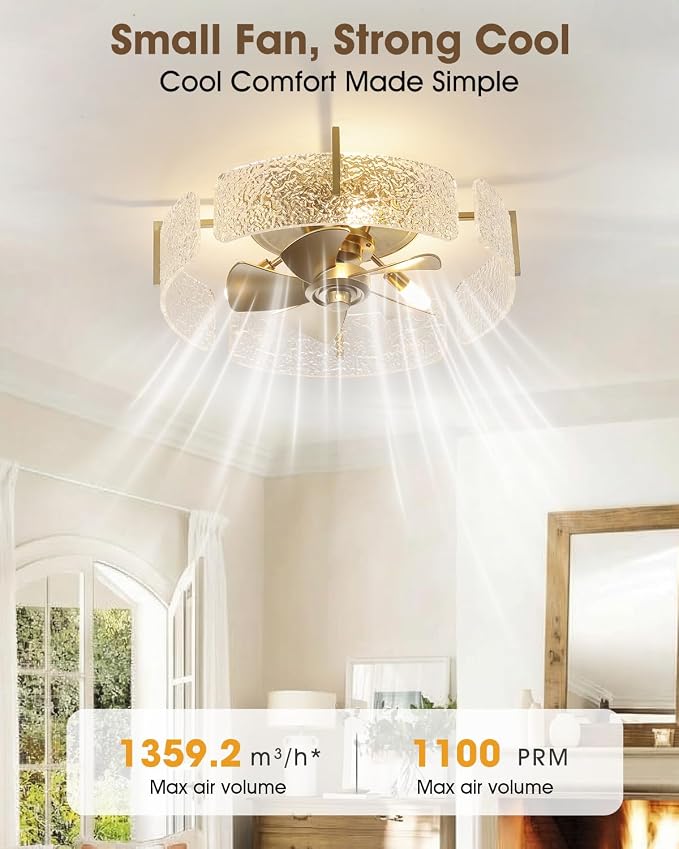 20 Inch Modern Gold Ceiling Fan with Light, Flush Mount Fandelier with Remote Control, Quiet Reversible DC Motor, Low Profile Ceiling Fans for Bedroom Living Room Nursery