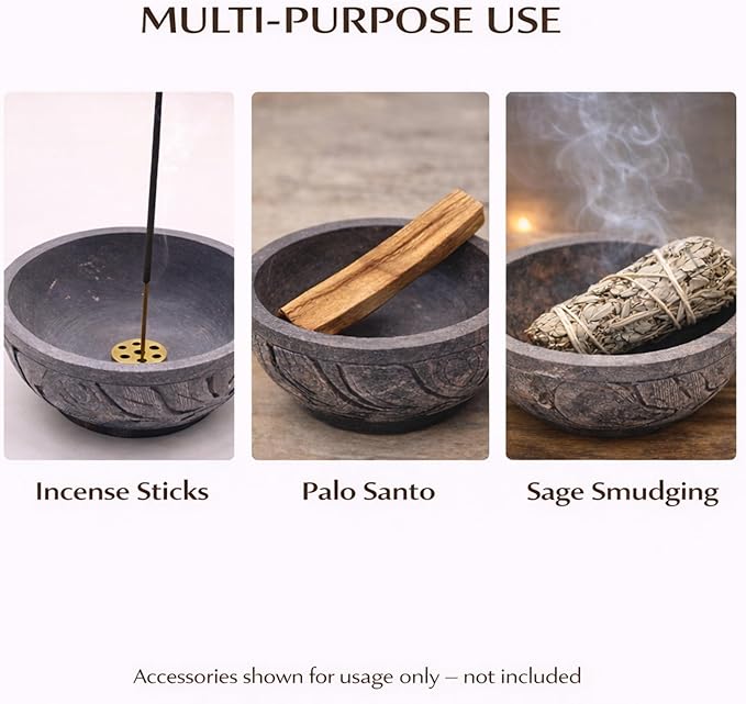 Natural Grey Marble Incense Holder Bowl – 5" Ash Catcher Burner for Meditation, Smudge, Palo Santo – 9-Hole Brass Insert Fits Most Incense Sticks.