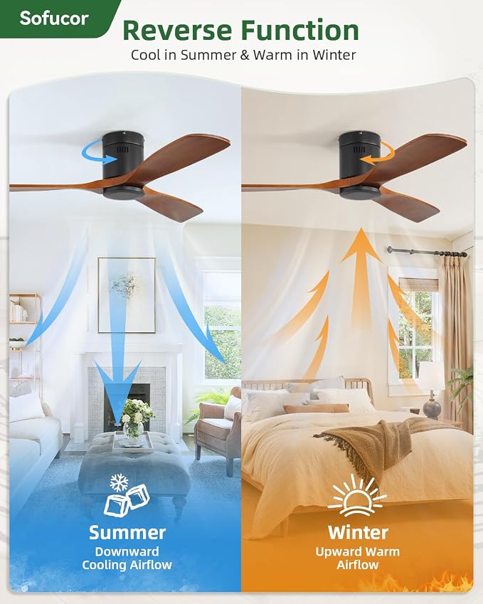 Sofucor 52 Inch Solid Wood Ceiling Fan Without Lights Flush Mount Ceiling Fan with Remote Control-Wood Blades Modern Outdoor Ceiling Fans No Light for Bedroom/Farmhouse/Patio/Indoor, Brown Black