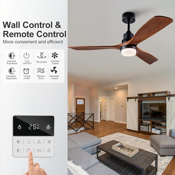 52 Inch Outdoor Ceiling Fans with Lights and Remote Control, Dimmable Outdoor Ceiling Fans for Patios 3 Blade Wood Black Walnut Bedroom Ceiling Fan with Light, Wall Switch