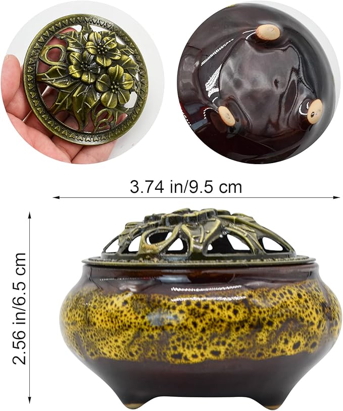 Ceramic Incense Burner with Lid, Incense Holder for Sticks Incense Cone Holder with Brass Incense Stick Holder for Yoga Meditation Home Decor (Fambe Yellow)