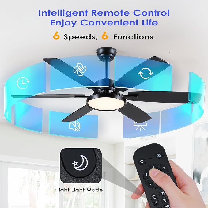 Hounberi 52 Inch Ceiling Fans with Lights and Remote, Modern Black Ceiling Fan with Light, Quiet DC Reversible Motor, 3CCT Dimmable, Modern Indoor Outdoor Ceiling Fan for Bedroom, Living Room