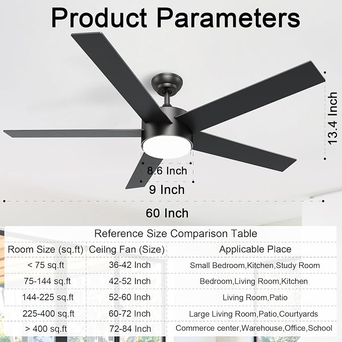 POCHFAN 60 Inch Black Ceiling Fans with Lights and Remote Control, Quiet Modern Ceiling Fan for Bedroom,Living Room, Dining Room,Dimmable 3-Color Temperatures 6-Speed