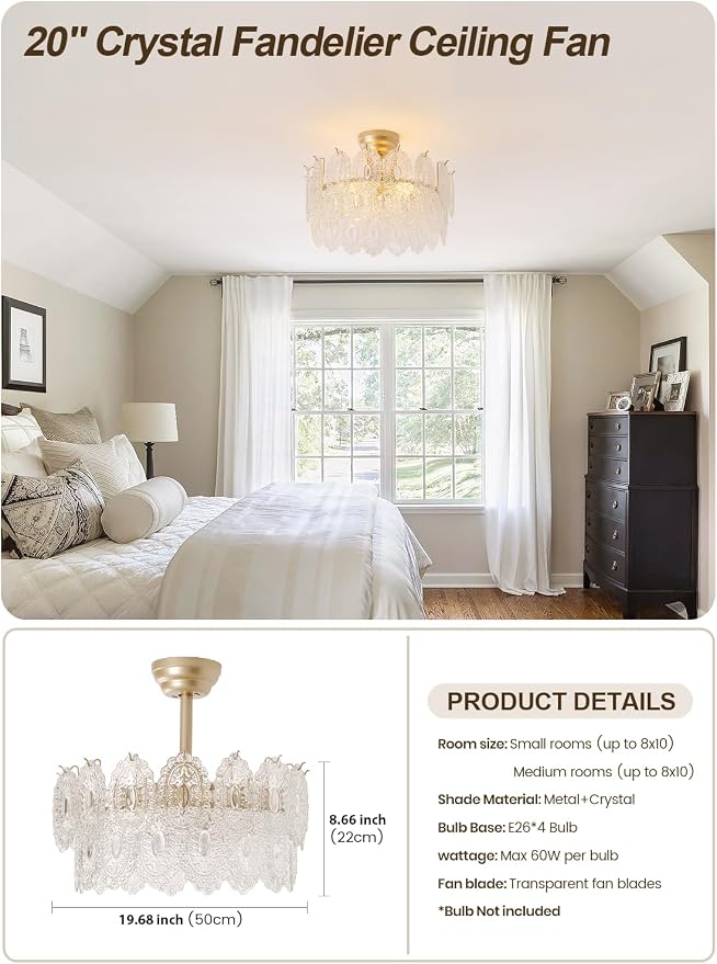 20" Gold Fandelier Ceiling Fans with Lights, Crystal Chandelier Ceiling Fans with Lights Remote Control, Mid Century French Caged Fandelier with 6 Speeds for Bedroom, Living Room