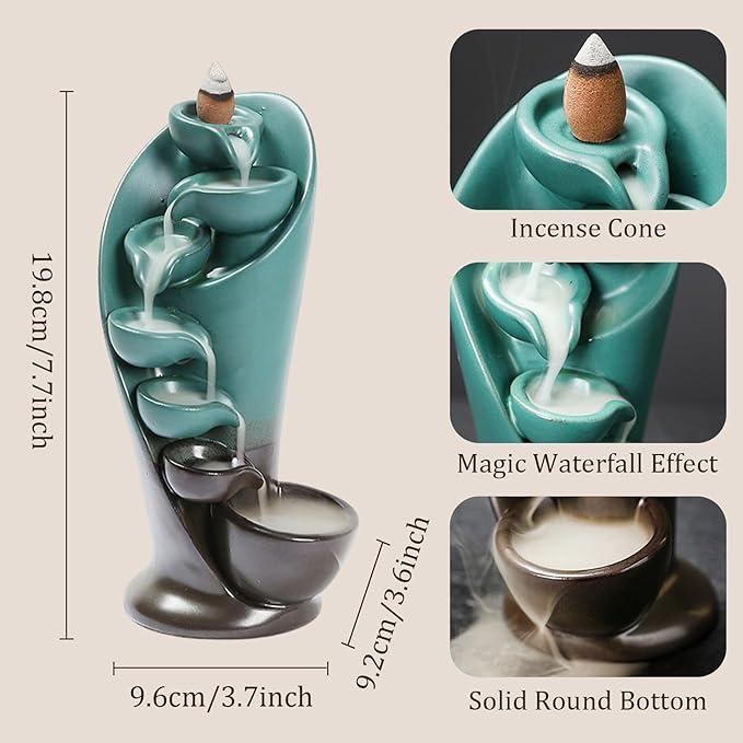 YYW Backflow Incense Burner Holder Handmade Statue Decor Fountain Waterfall Incense Holder with 20 Backflow Incense Cones 30 Incense Sticks 1 Tweezer 1 Mat for Indoor Meditation Yoga (Green)