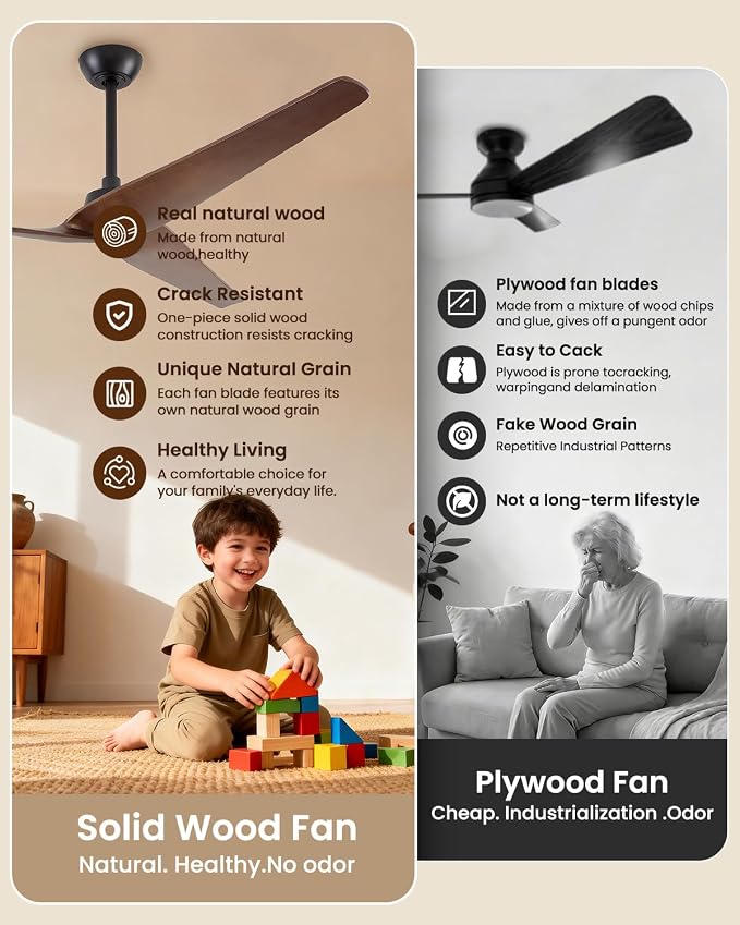 Skylike 60in Modern Wood Ceiling Fan No Light with Remote for Bedroom-Dark | Real Wood Blades, Quiet DC Motor,Reversible,Beep-Off Function,6 Speeds,3 Timers,12" downrod,Indoor and Outdoor