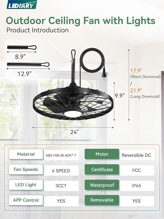 LEDIARY 24" Outdoor Ceiling Fan with Lights,IP65 Waterproof Gazebo Hanging Fan with Remote Control Smart App, Plug in Caged Ceiling Fan with 3CCT 6-Speeds for Patio Porch Pergola(Black)