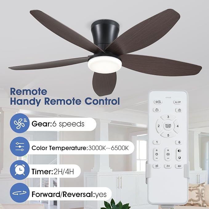 Surtime Ceiling Fans with Lights-42 Low Profile Ceiling Fan with Light and Remote/APP Control,Flush Mount,DC Reversible,LED Dimmable Modern Ceiling Fans for Bedroom,Indoor/Outdoor Patio Use(Brown)